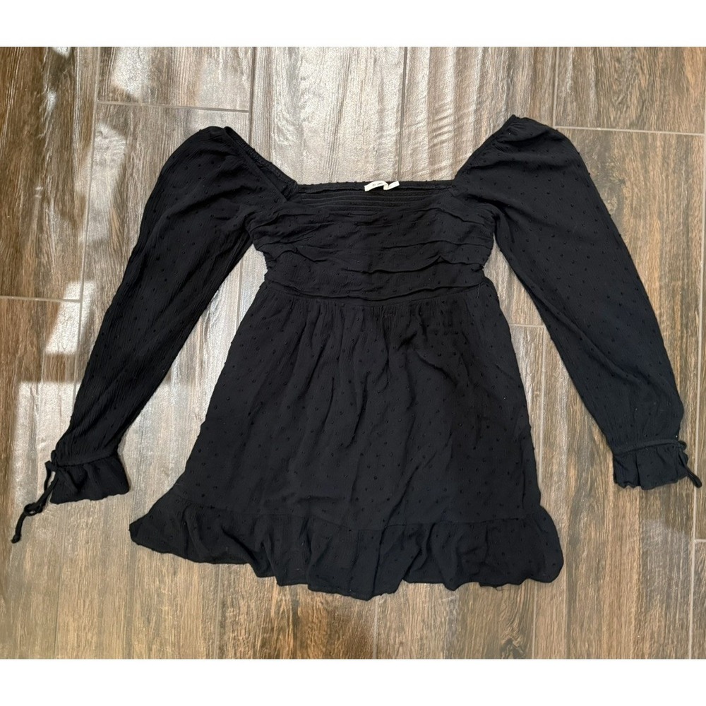 Lightweight Dress Blk Sheer w/ Lining Ruffle Shoulder Long Slv Women S Romantic